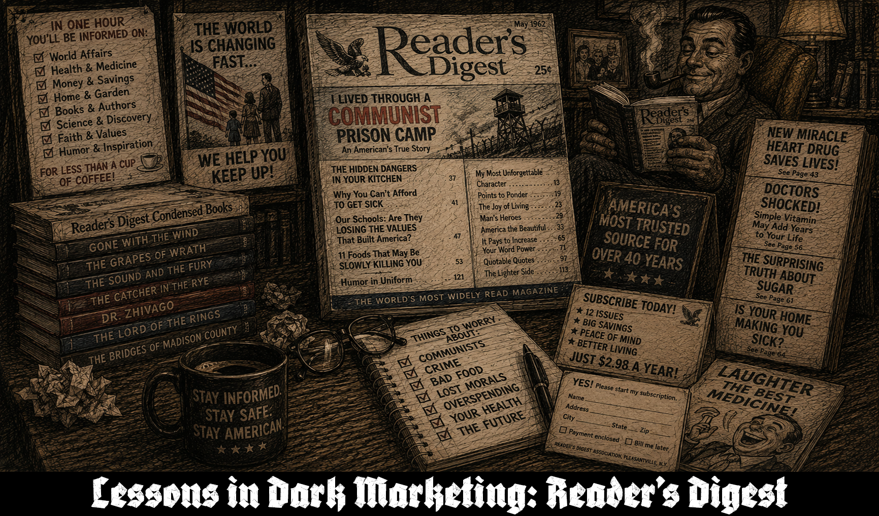 Dark sketch-style illustration of a vintage Reader’s Digest magazine surrounded by condensed books, health scares, patriotic warnings, and subscription cards.
