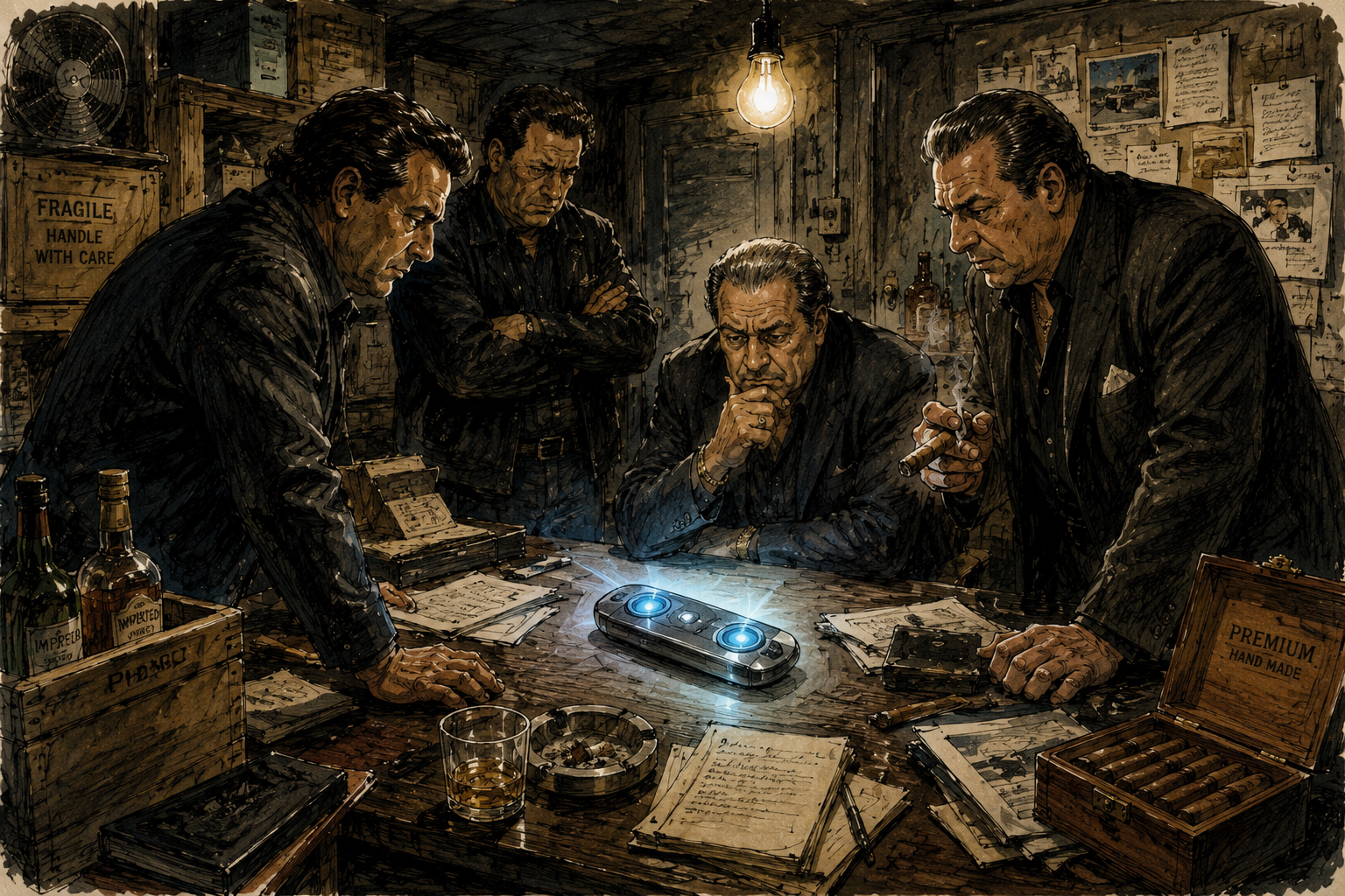 Detailed colored sketch of a dim nightclub back office with crates, liquor bottles, cigar boxes, scattered papers, and a glowing mysterious device on the desk as shadowy men in suits study it.