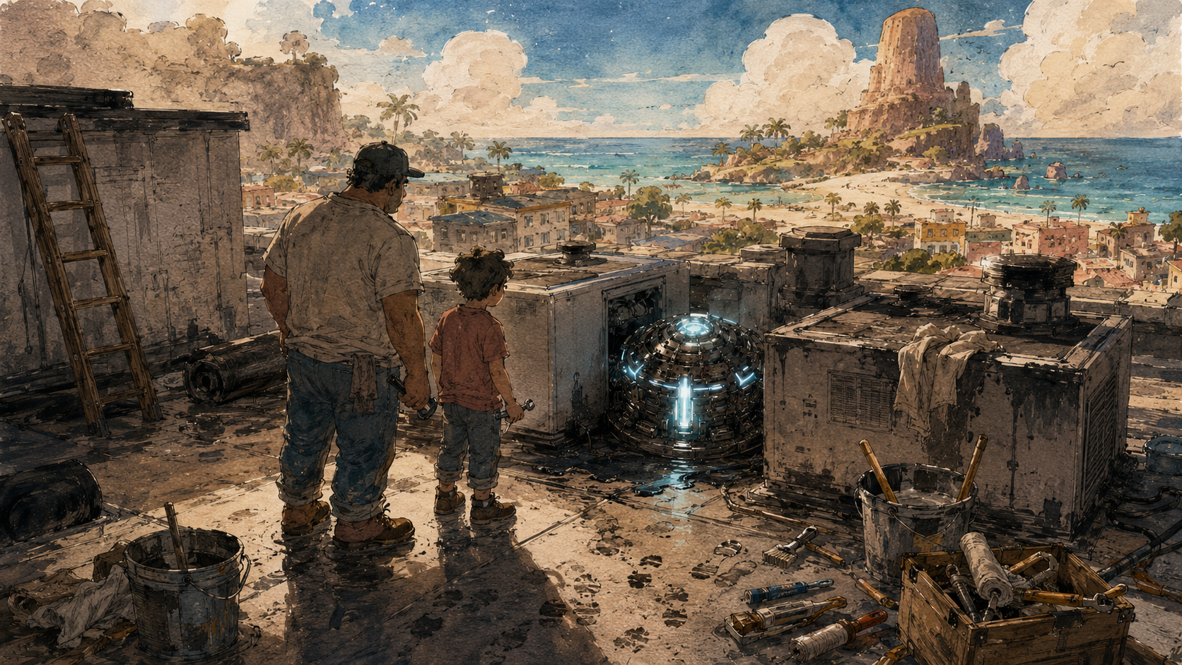 Detailed colored sketch of a father and son on a sunny coastal rooftop discovering a glowing mysterious device between rooftop units, surrounded by repair tools, buckets, rags, and patching supplies.