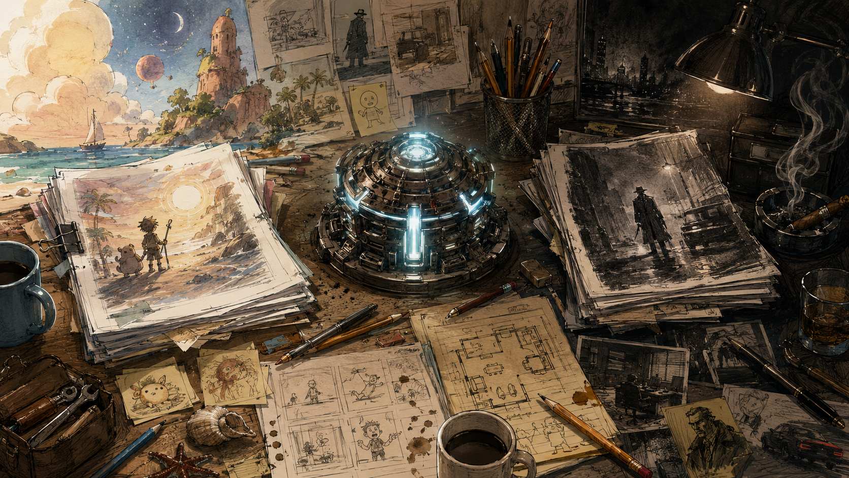 Detailed colored sketch of a screenwriter’s desk with a glowing mysterious device surrounded by script pages, notes, sketches, coffee cups, and visual cues for animation, sitcom comedy, and crime drama.