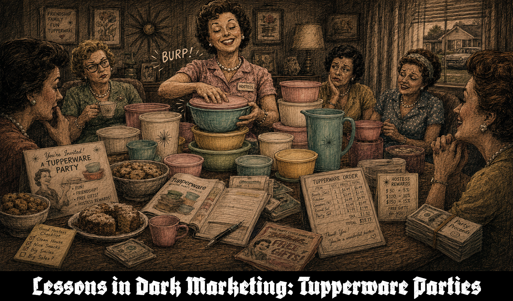 Dark sketch-style illustration of a mid-century Tupperware party where a smiling hostess demonstrates plastic containers to socially pressured guests.