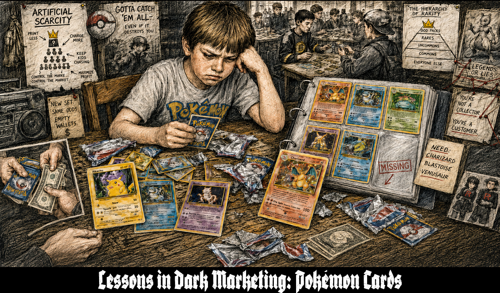 Sketch-style illustration of a disappointed child opening Pokémon card packs beside an incomplete binder and a schoolyard trading scene.