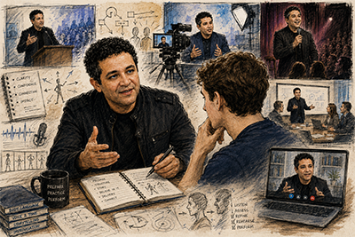 Tony Torres provides one-on-one communication coaching while surrounding scenes show clients practicing public speaking, camera delivery, presentations, and live performance.