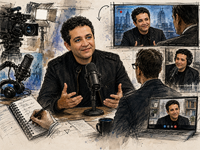 Tony Torres smiles and speaks into a studio microphone during an interview, surrounded by podcast, television, video call, and broadcast production scenes.
