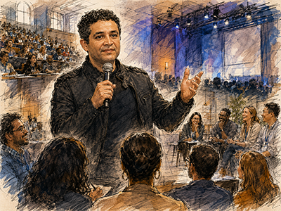 Tony Torres speaks into a handheld microphone before an engaged audience in a detailed editorial sketch combining conference, lecture hall, and workshop settings.