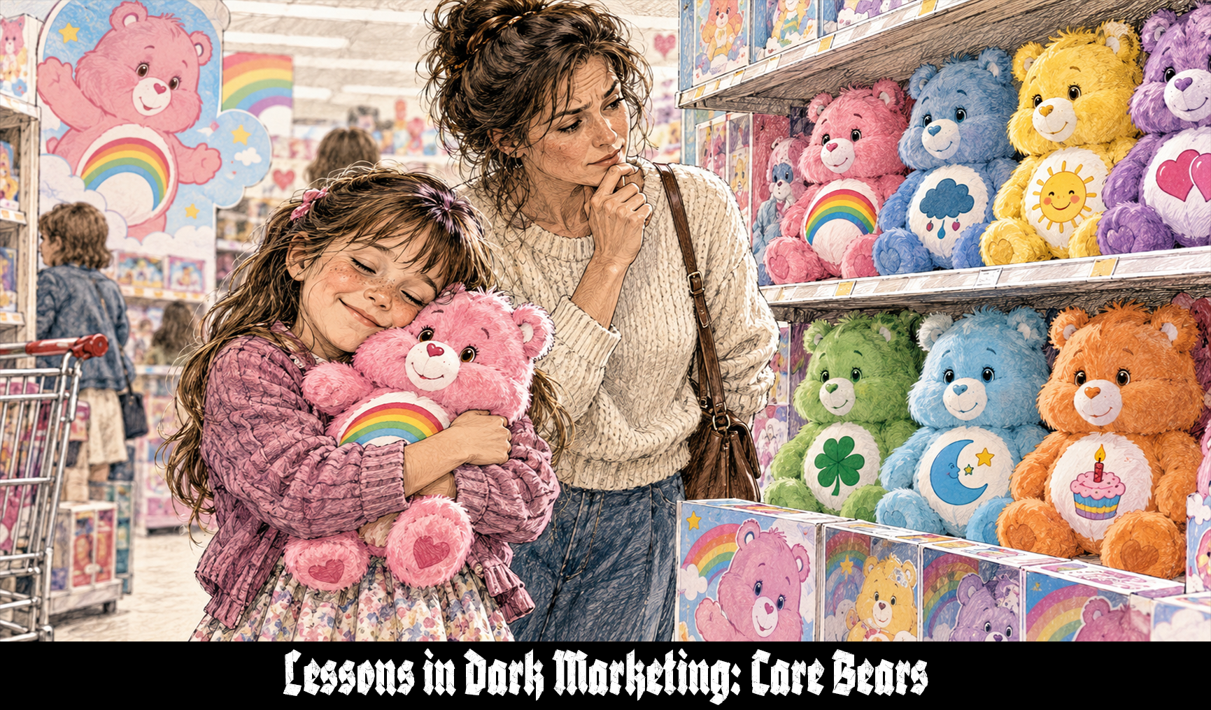 Sketch-style illustration of a young girl hugging a pink Care Bear in a 1980s toy aisle while her mother studies a shelf filled with different brightly colored Care Bears and their distinctive belly symbols.