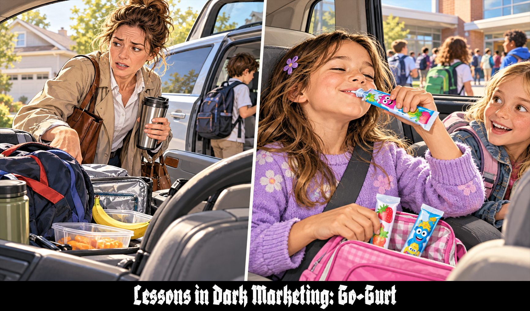 A bright sketch-style editorial illustration shows a stressed mother juggling a travel mug, bags, and lunch items beside a minivan during a rushed school drop-off, while on the other side of the image a smiling girl in the back seat squeezes yogurt from a colorful tube as another child watches excitedly. The split composition contrasts parental morning chaos with the playful convenience and kid appeal of portable yogurt in a school-day setting.