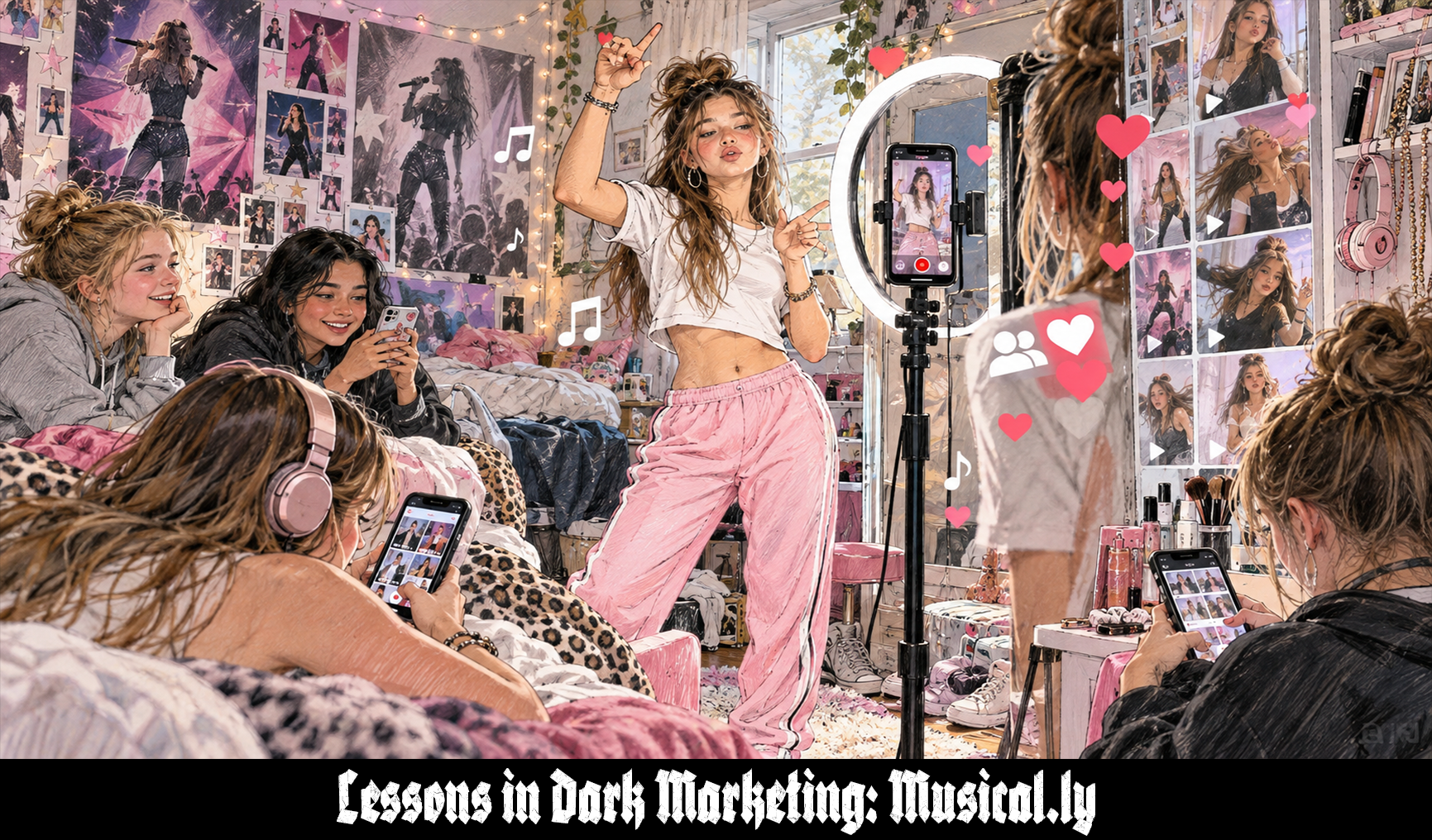 Editorial sketch-style illustration of teenage girls in a colorful bedroom filming, watching, and reacting to short lip-sync and dance videos. A girl performs in front of a phone mounted in a ring light while floating hearts, music notes, and social-media icons surround the scene.