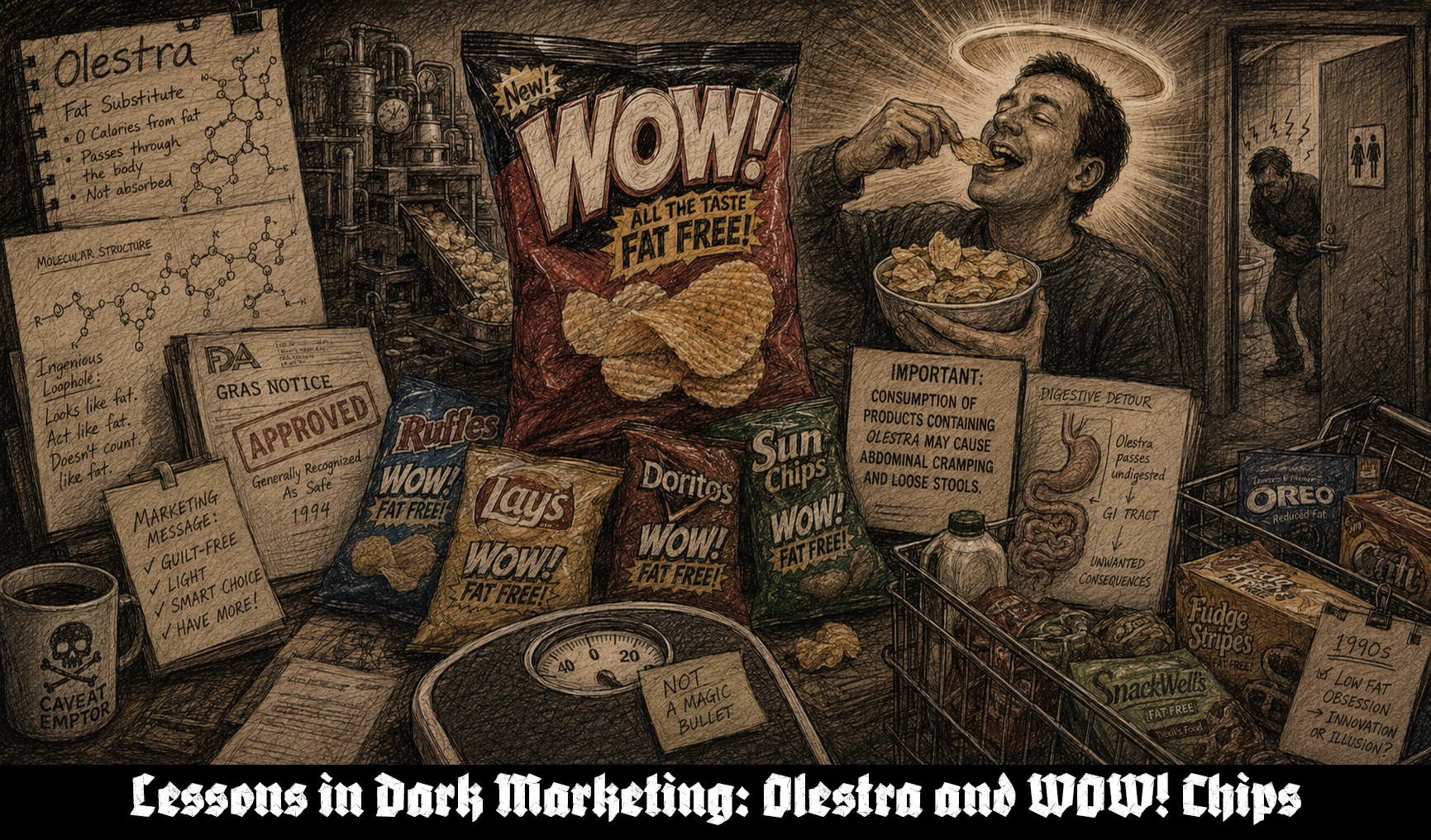 Dark editorial sketch of a man eating WOW! fat-free chips while surrounded by Olestra diagrams, snack bags, FDA approval papers, digestive warnings, a bathroom, and low-fat diet products.