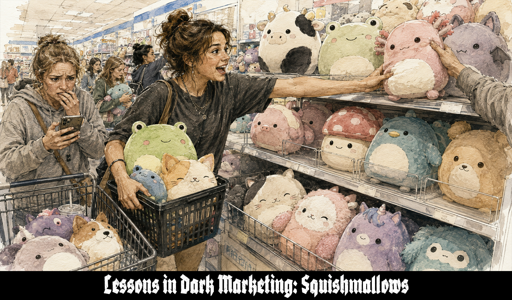 Realistic sketch-style illustration of shoppers crowding a store display of colorful Squishmallows-style plush toys as one collector reaches for a pink plush while another checks a phone.