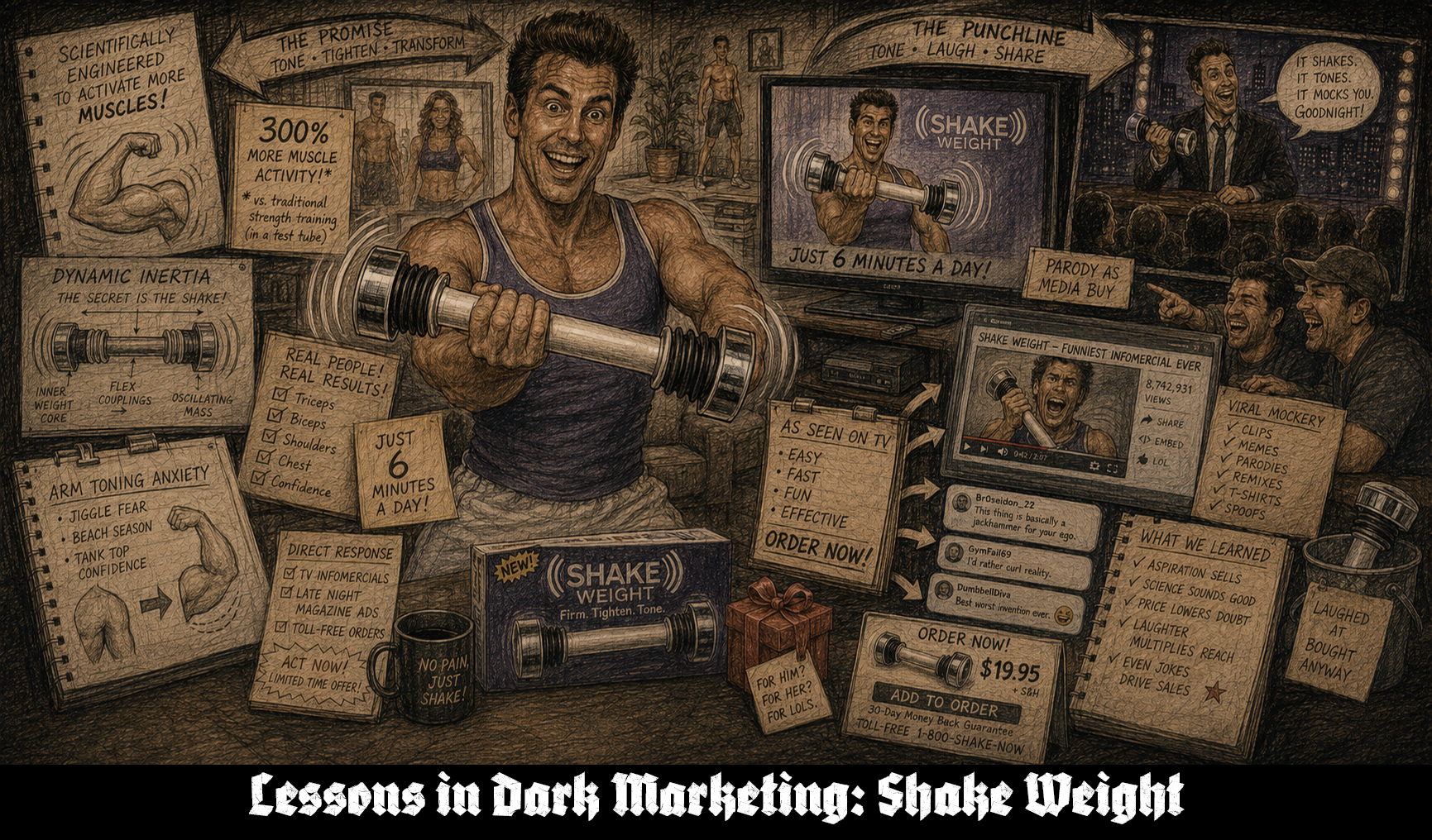 Dark editorial sketch of a muscular man demonstrating a Shake Weight while television parodies, viral clips, fitness claims, order forms, and laughing audiences turn the product into a national joke and sales phenomenon.